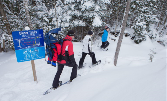 three people snowshoeing on the Biener Trails