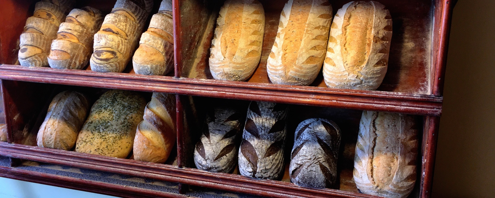 close up picture of fresh loaves of bread on a bakery shelf