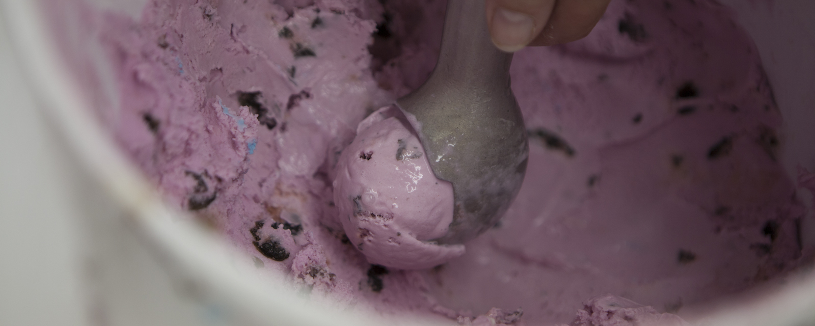 close up of someone scooping lilac coloured icecream