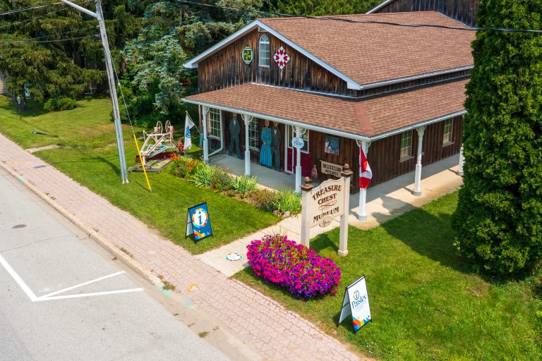 An aerial view of a small historic museum