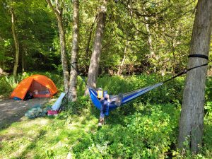 Person in hammock at campsite