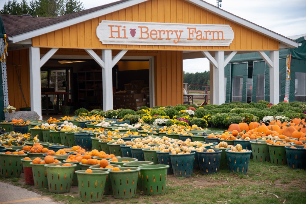 Pumpkins and fall product in front of Hi-Berry Farm store